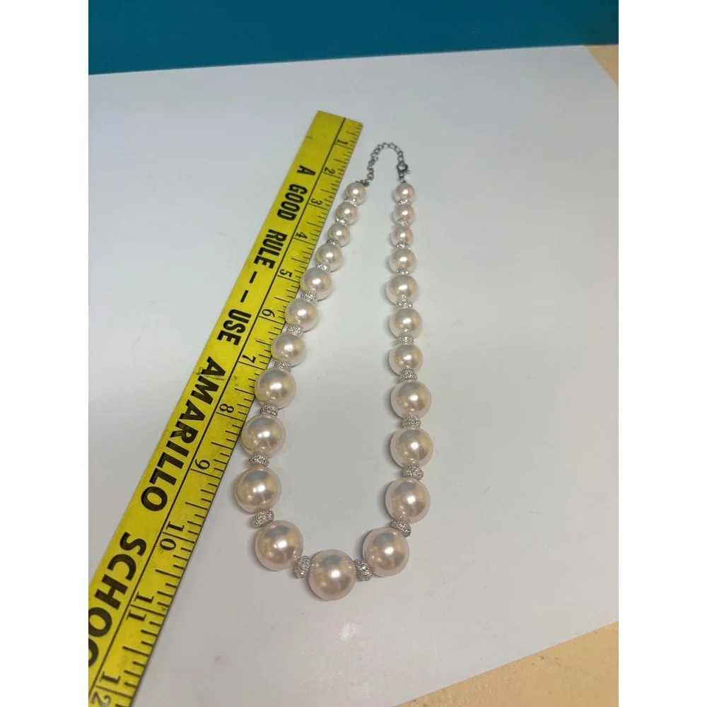 Cream Graduated Faux Pearl Statement Necklace with Crystal Spacers Silver Tone